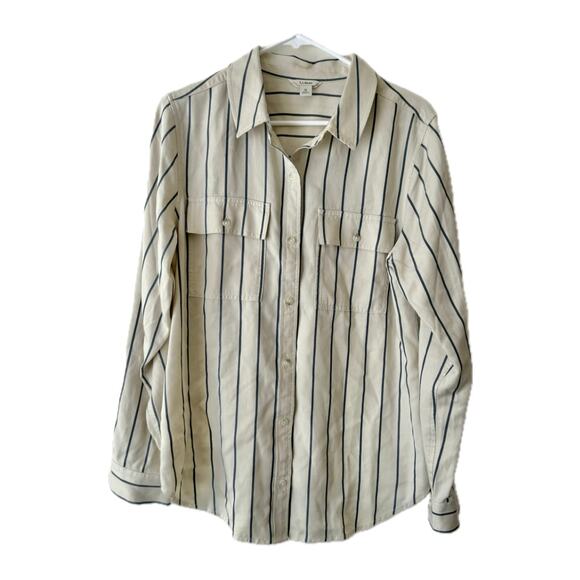 L.L. Bean Soft Washed Utility 100%TENCEL Casual Cream/Blue Stripe Button Shirt-M - Picture 1 of 6